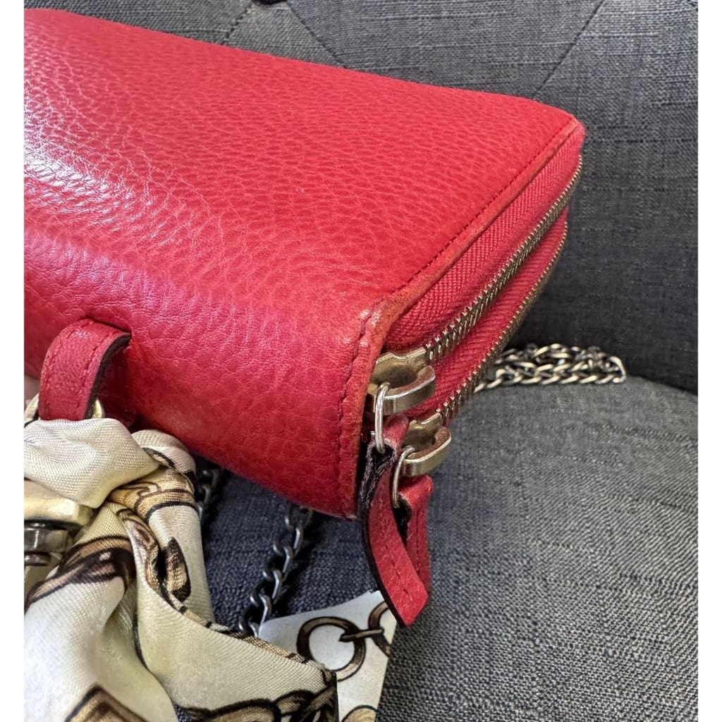 Gucci Soho Red Leather Double Zip Clutch with Aftermarket Chain (MSRP $2000) - Red / Leather / Double Zip