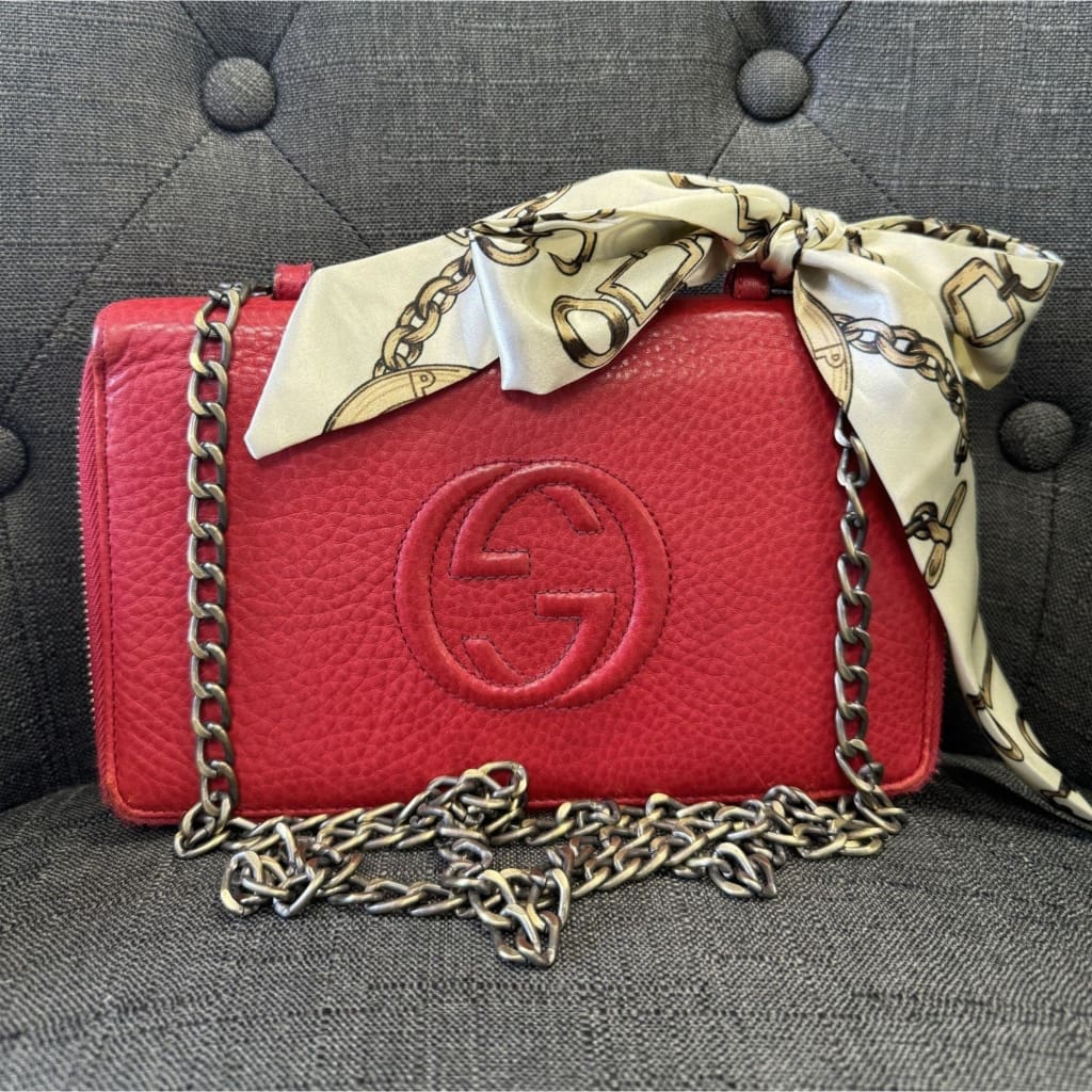 Gucci Soho Red Leather Double Zip Clutch with Aftermarket Chain (MSRP $2000) - Red / Leather / Double Zip