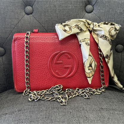 Gucci Soho Red Leather Double Zip Clutch with Aftermarket Chain (MSRP $2000) - Red / Leather / Double Zip