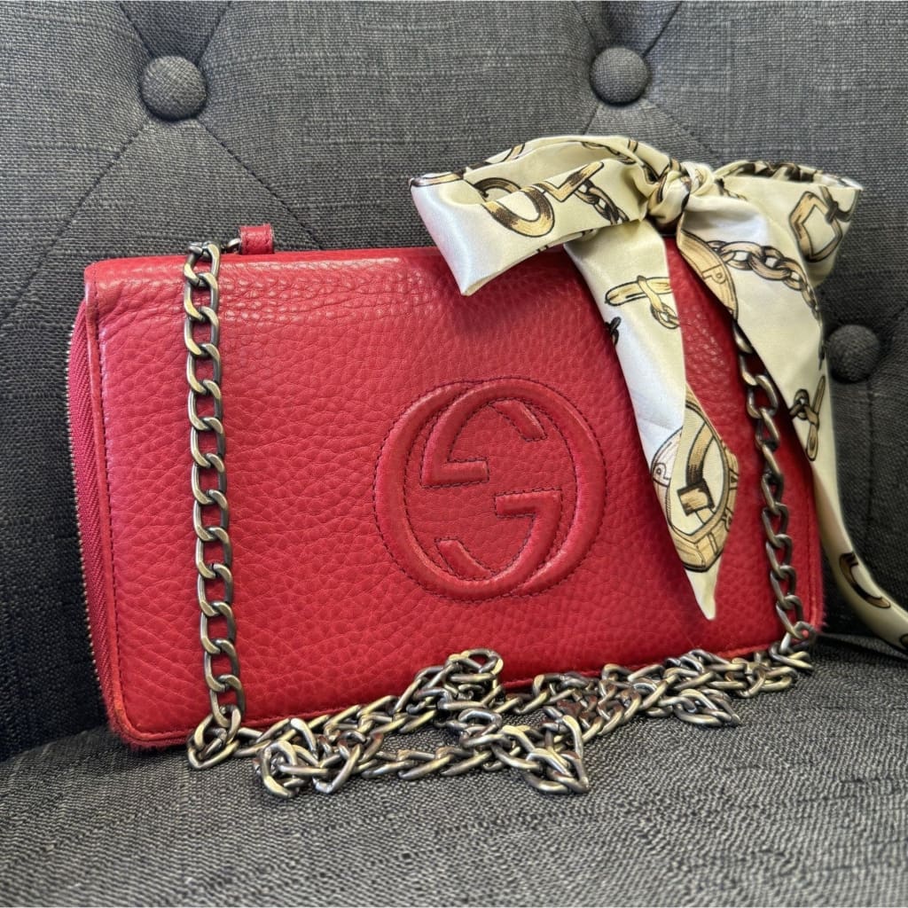 Gucci Soho Red Leather Double Zip Clutch with Aftermarket Chain (MSRP $2000) - Red / Leather / Double Zip