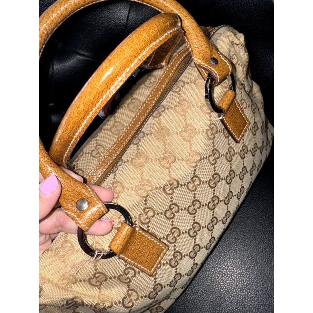 Gucci Tan Canvas Leather Trim Boston Bag - Small / Leather / Top Handle Bag