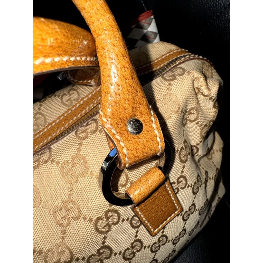 Gucci Tan Canvas Leather Trim Boston Bag - Small / Leather / Top Handle Bag