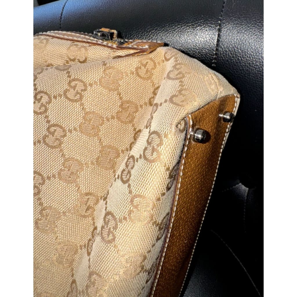 Gucci Tan Canvas Leather Trim Boston Bag - Small / Leather / Top Handle Bag