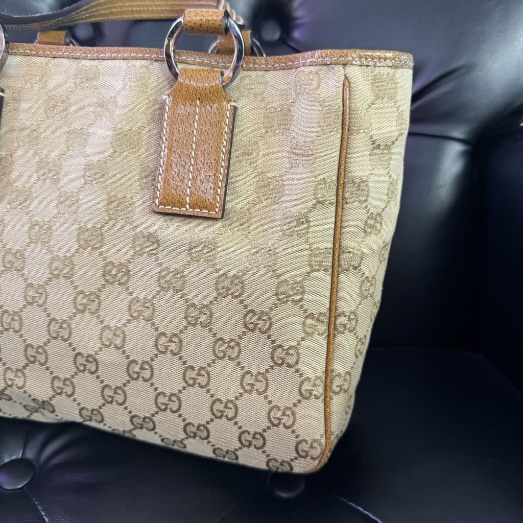 Gucci Tan Canvas Leather Trim Top Handle Bag - Tan / Leather / Top Handle Bag