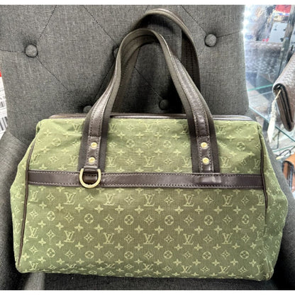 LOUIS VUITTON Josephine GM Green and Brown Canvas Tote Bag (MSRP $1,080) - Large / Patent Leather / Top Handle Bag