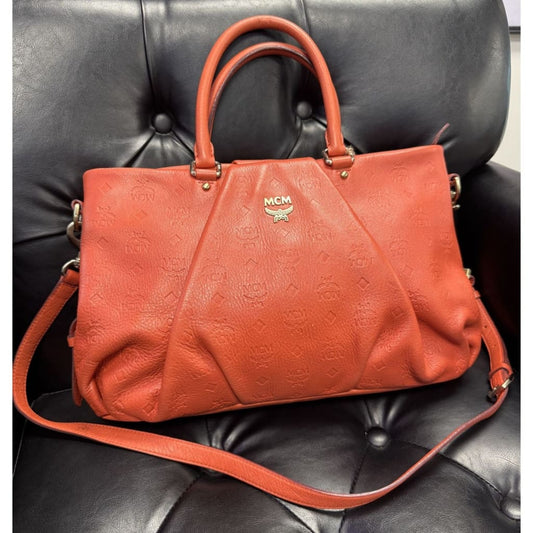 MCM Calfskin Ottomar Monogram Tote Orange - Orange / Leather / Tore