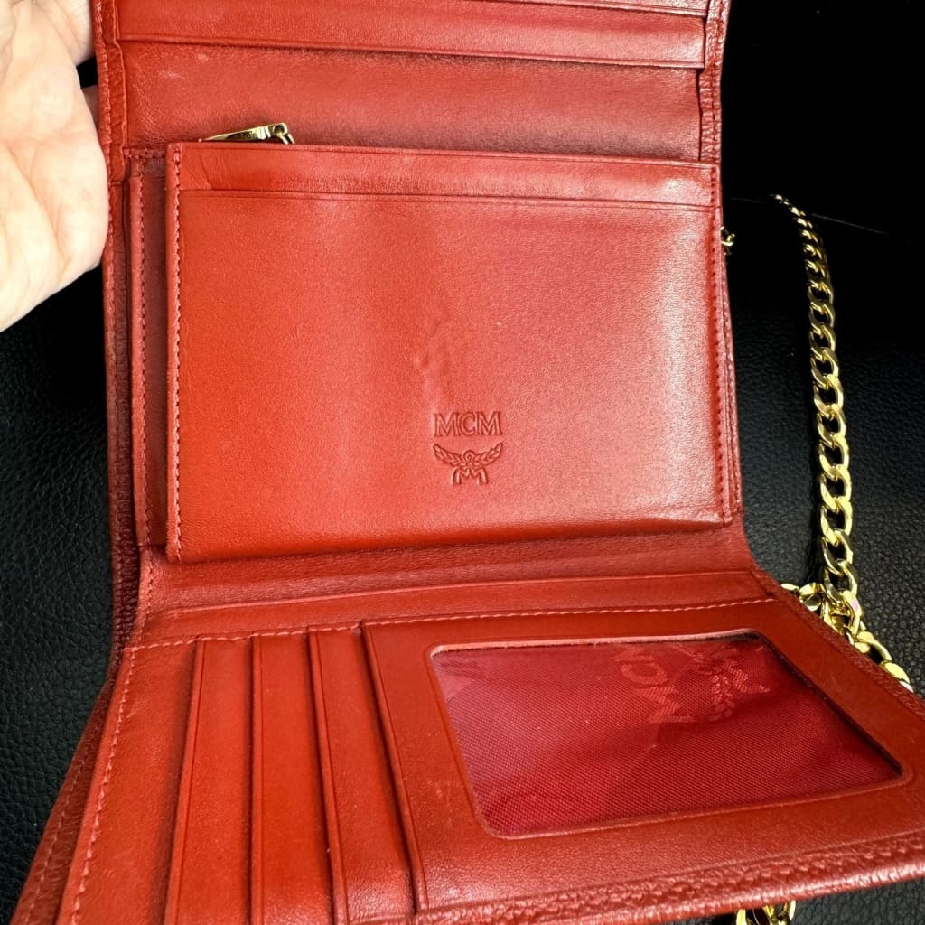 MCM Red Trifold Wallet w/ original box and aftermarket chain - Red / Leather / trifold