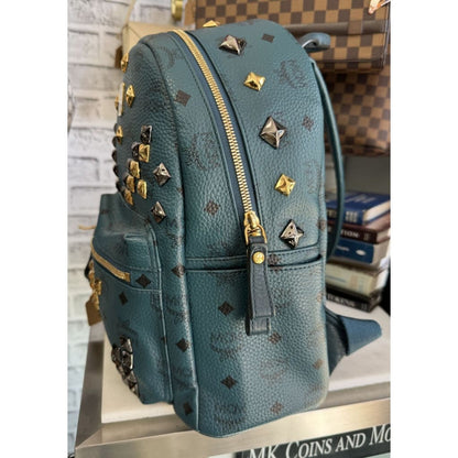 MCM Stark Visetos Studded Teal Blue Backpack - Large / blue / Leather