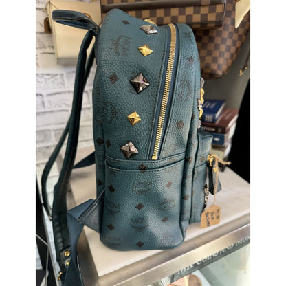 MCM Stark Visetos Studded Teal Blue Backpack - Large / blue / Leather