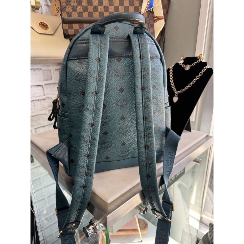 MCM Stark Visetos Studded Teal Blue Backpack - Large / blue / Leather