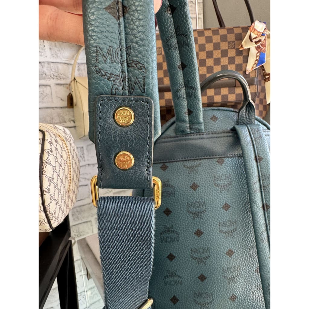 MCM Stark Visetos Studded Teal Blue Backpack - Large / blue / Leather