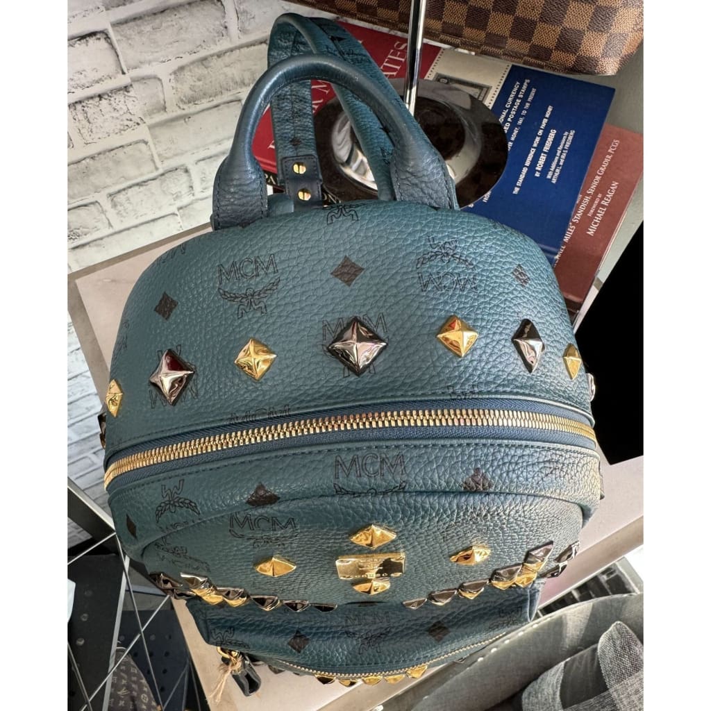 MCM Stark Visetos Studded Teal Blue Backpack - Large / blue / Leather