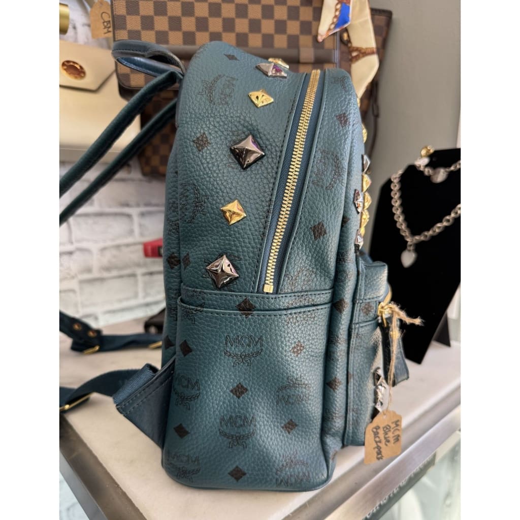 MCM Stark Visetos Studded Teal Blue Backpack - Large / blue / Leather