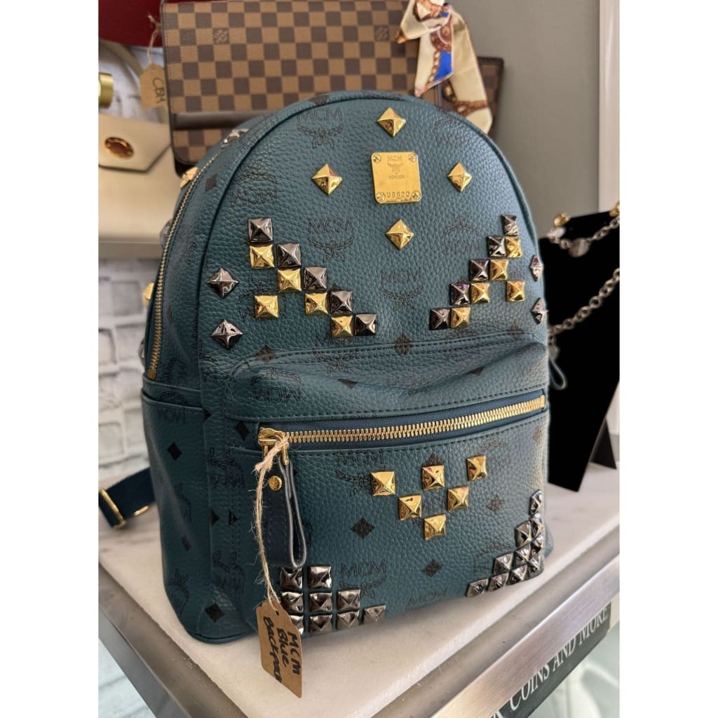 MCM Stark Visetos Studded Teal Blue Backpack - Large / blue / Leather