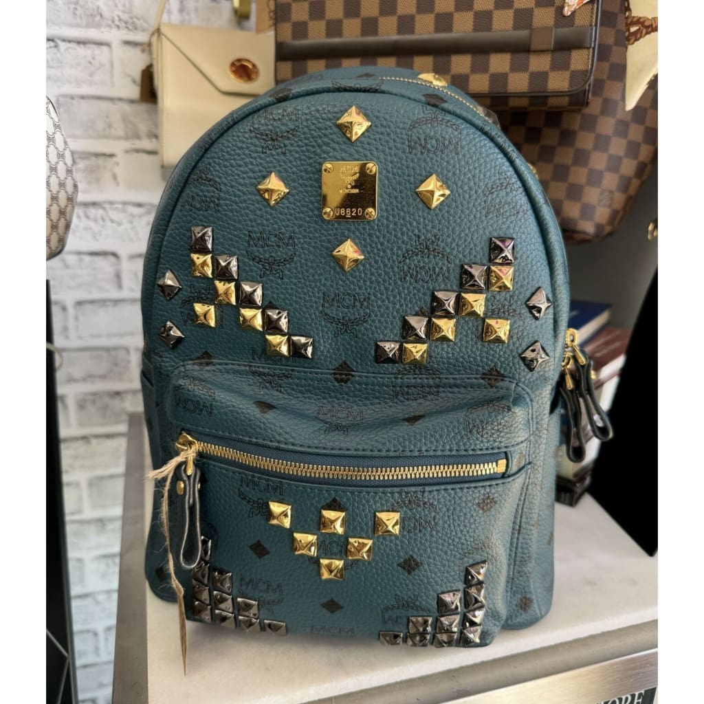 MCM Stark Visetos Studded Teal Blue Backpack - Large / blue / Leather