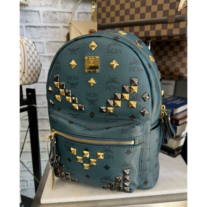 MCM Stark Visetos Studded Teal Blue Backpack - Large / blue / Leather