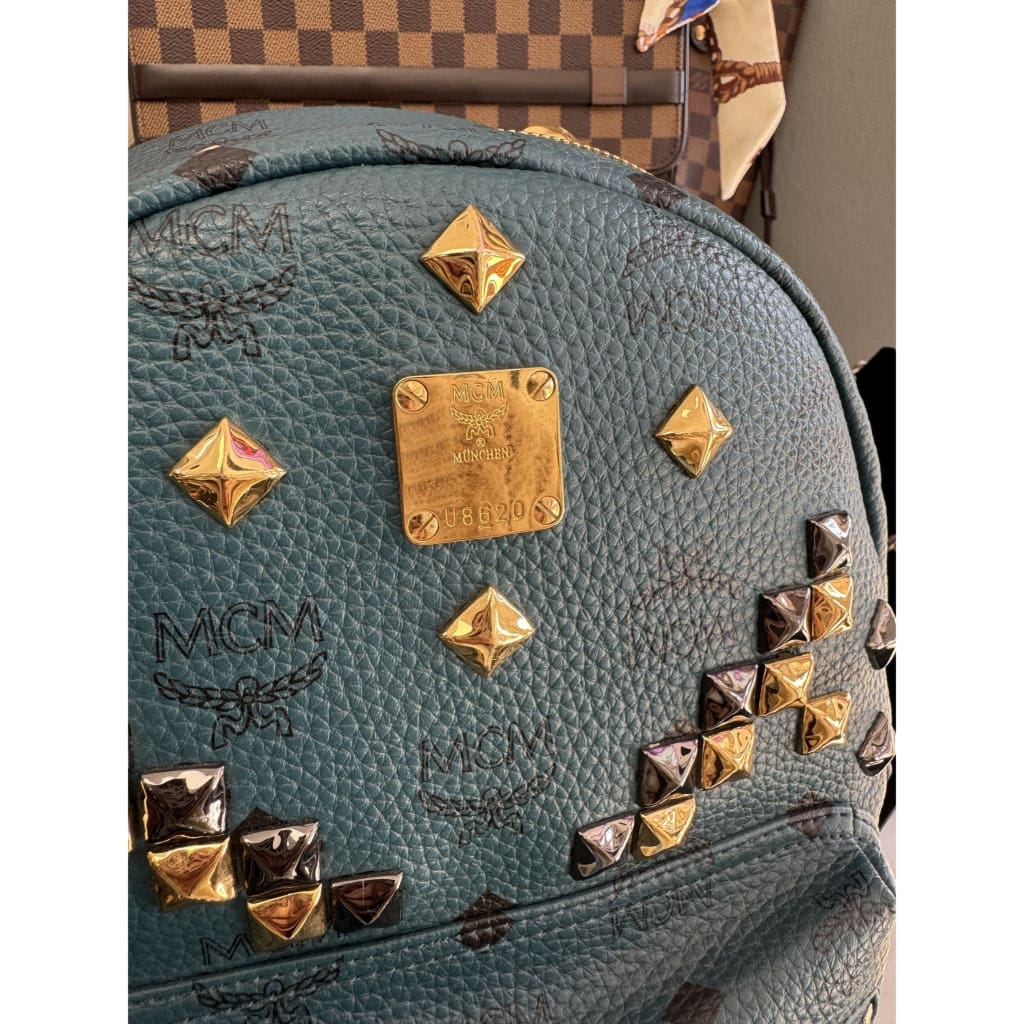 MCM Stark Visetos Studded Teal Blue Backpack - Large / blue / Leather