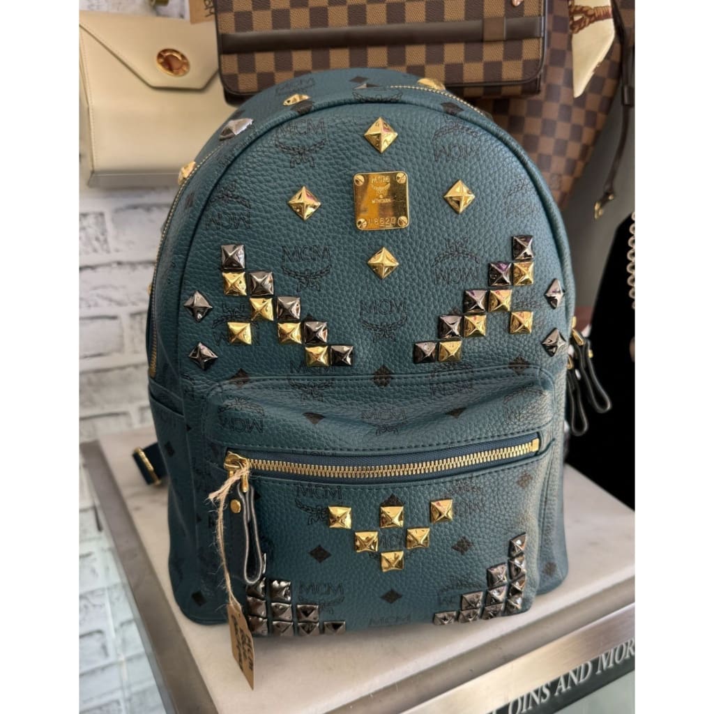 MCM Stark Visetos Studded Teal Blue Backpack - Large / blue / Leather