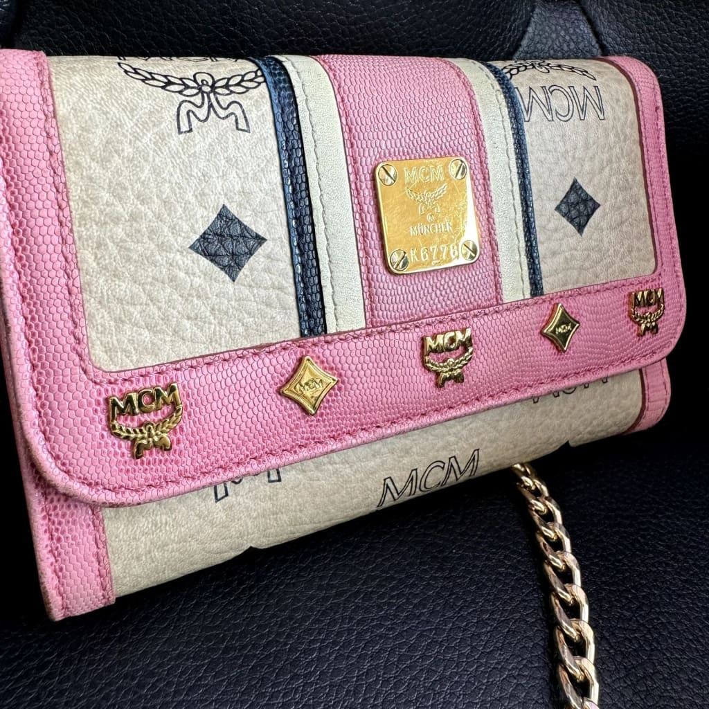 MCM Striped Pink Visetos Trifold Wallet w/ Aftermarket Chain (MSRP $750 + ) - Pink / Leather / trifold