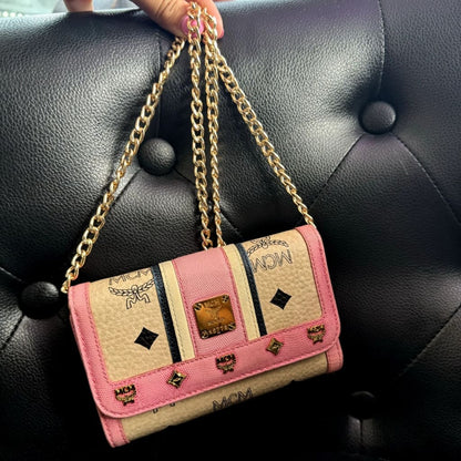 MCM Striped Pink Visetos Trifold Wallet w/ Aftermarket Chain (MSRP $750 + ) - Pink / Leather / trifold