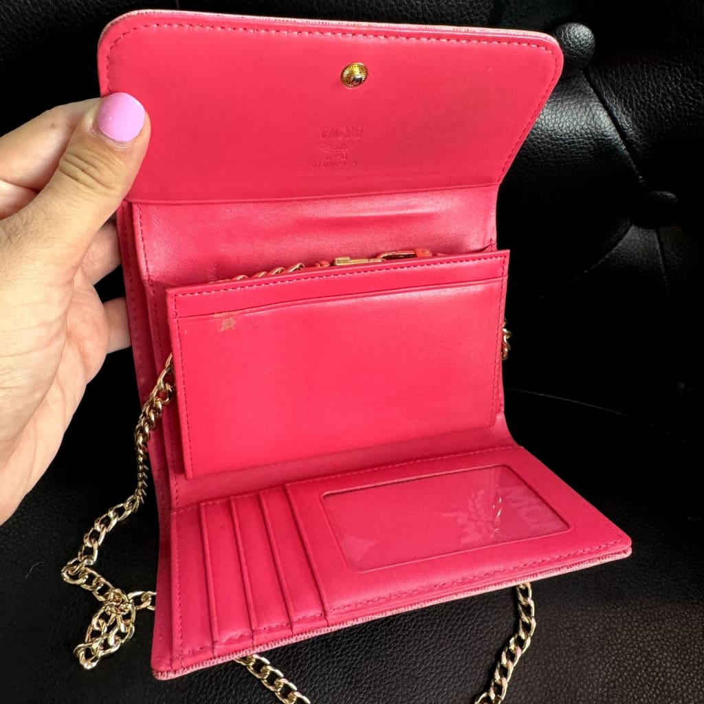 MCM Striped Pink Visetos Trifold Wallet w/ Aftermarket Chain (MSRP $750 + ) - Pink / Leather / trifold