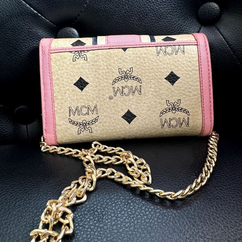 MCM Striped Pink Visetos Trifold Wallet w/ Aftermarket Chain (MSRP $750 + ) - Pink / Leather / trifold