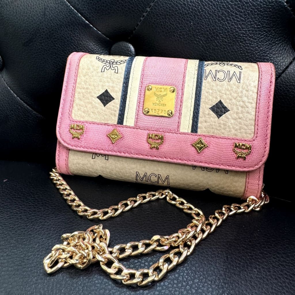 MCM Striped Pink Visetos Trifold Wallet w/ Aftermarket Chain (MSRP $750 + ) - Pink / Leather / trifold