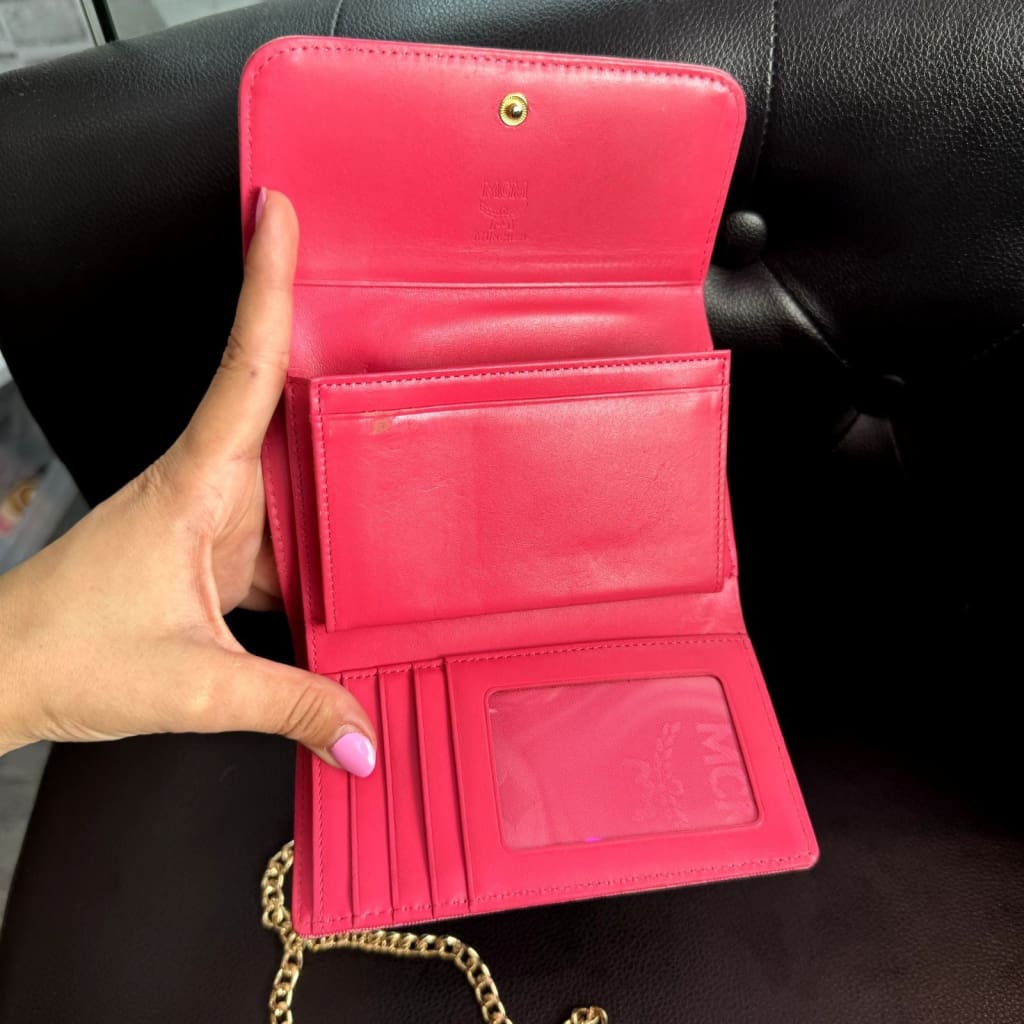 MCM Striped Pink Visetos Trifold Wallet w/ Aftermarket Chain (MSRP $750 + ) - Pink / Leather / trifold