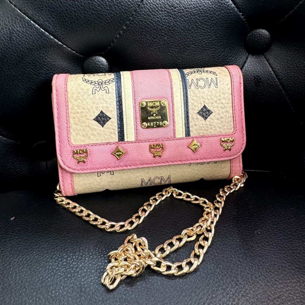 MCM Striped Pink Visetos Trifold Wallet w/ Aftermarket Chain (MSRP $750 + ) - Pink / Leather / trifold