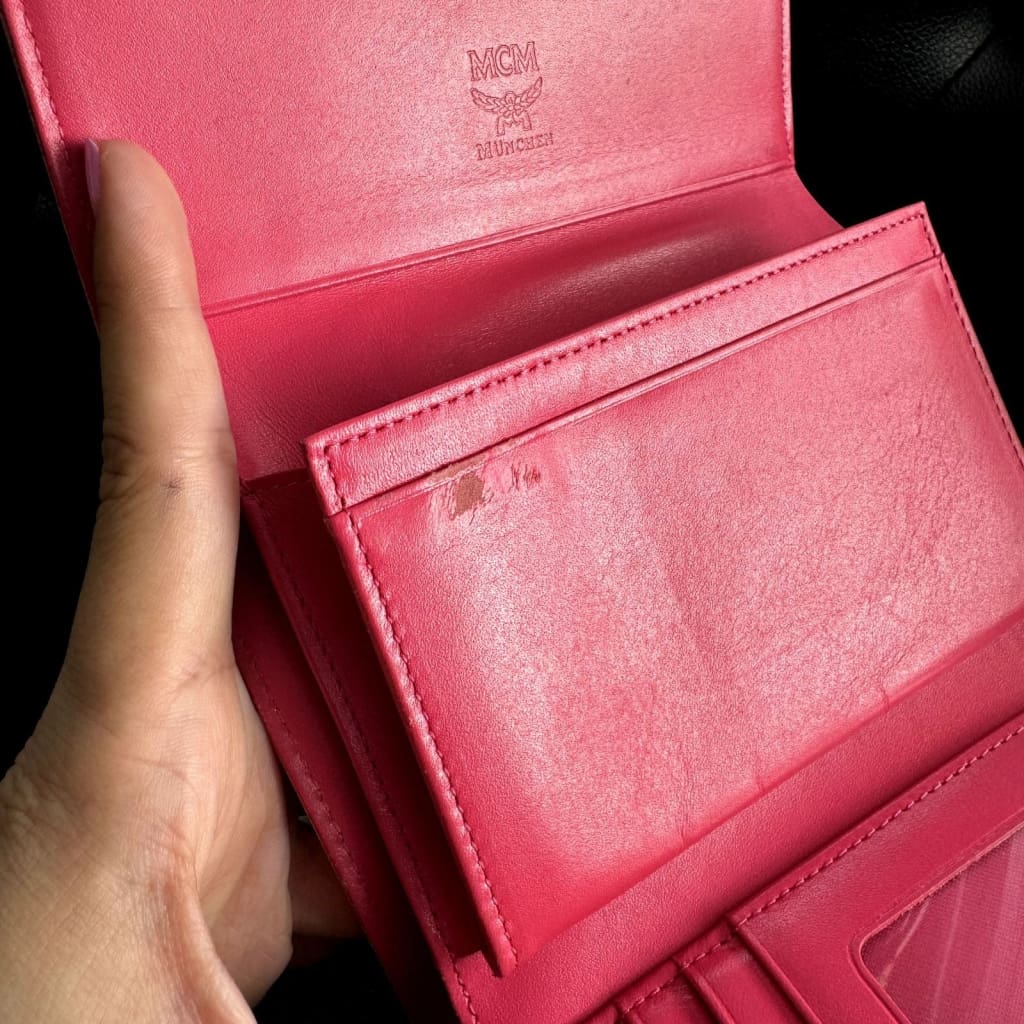 MCM Striped Pink Visetos Trifold Wallet w/ Aftermarket Chain (MSRP $750 + ) - Pink / Leather / trifold