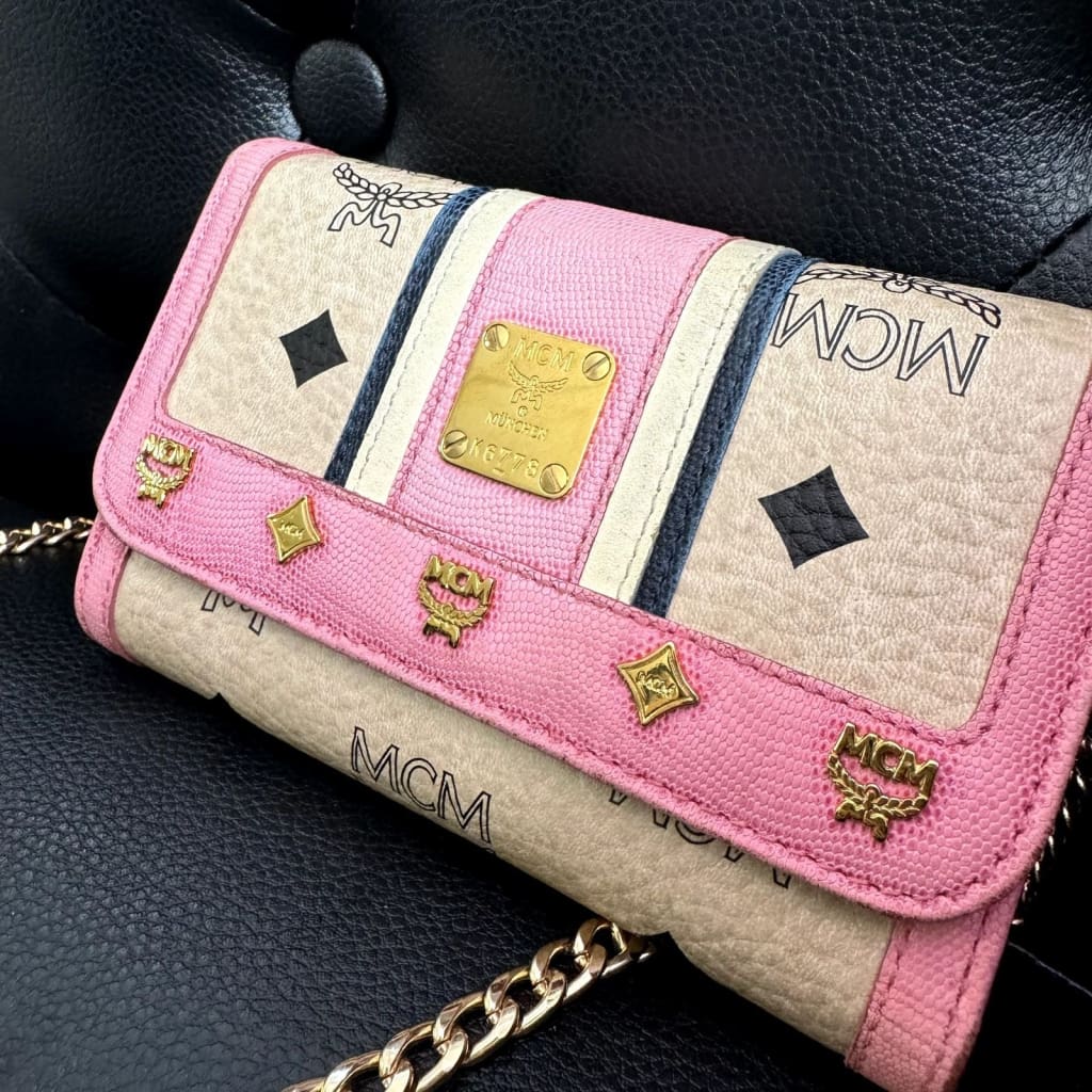 MCM Striped Pink Visetos Trifold Wallet w/ Aftermarket Chain (MSRP $750 + ) - Pink / Leather / trifold