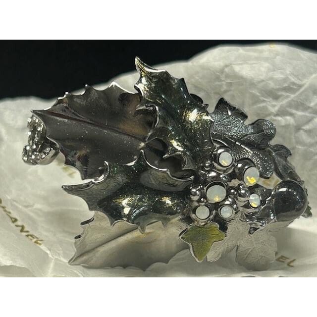 Rare Chanel 05A 2005 Fall Cuff Bracelet Gunmetal with Leaves & Opalescent Stone - cuff bracelet