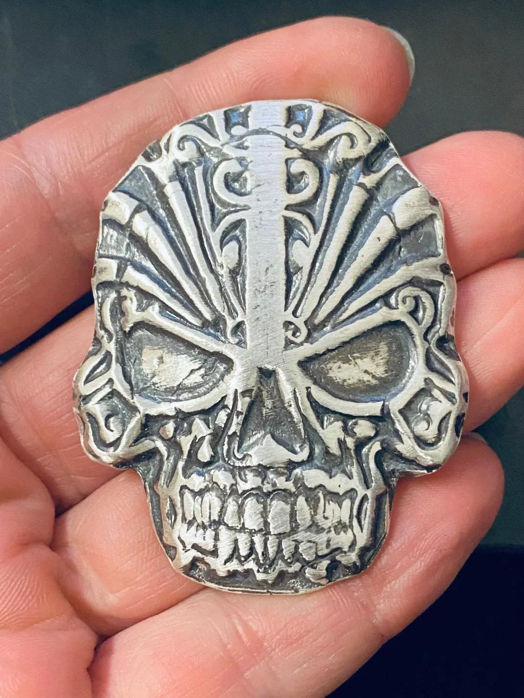 ~3.4 Ozt MK BarZ "Aztec Skully" Hand Poured Skull .999 FS - MK BARZ AND BULLION