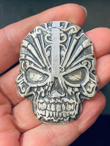 ~3.4 Ozt MK BarZ "Aztec Skully" Hand Poured Skull .999 FS - MK BARZ AND BULLION