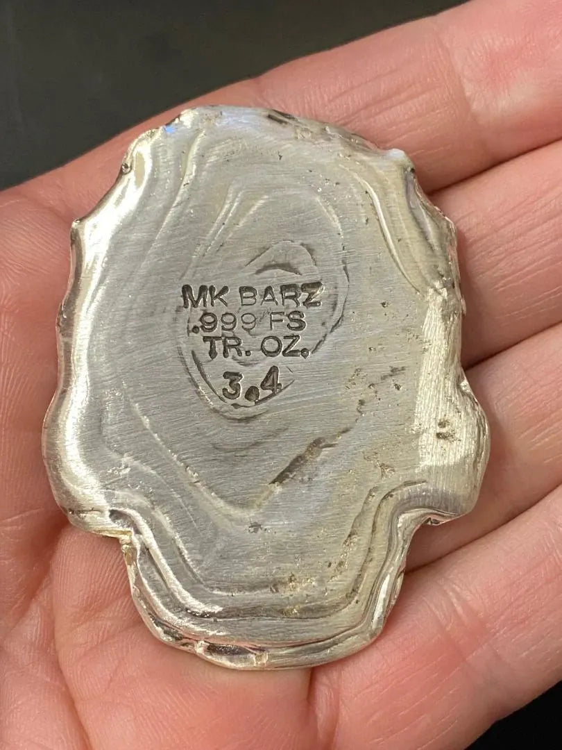 ~3.4 Ozt MK BarZ "Aztec Skully" Hand Poured Skull .999 FS - MK BARZ AND BULLION