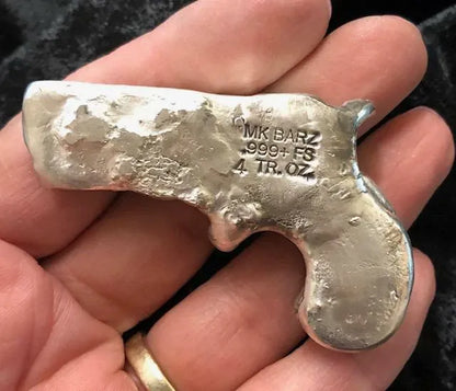 4 Troy Oz MK BarZ "Double Barrel Derringer" Sand Cast .999 FS - MK BARZ AND BULLION