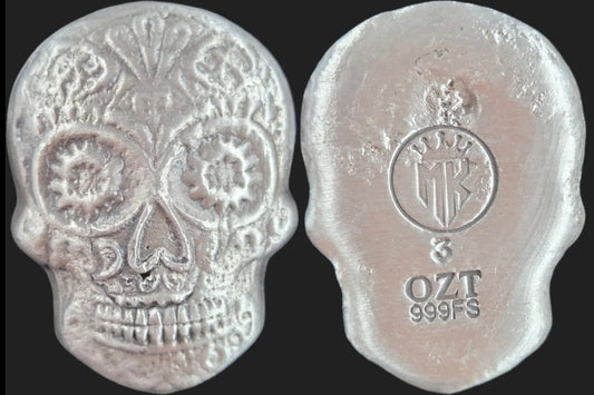 3 Ozt. Hand Poured Silver Sugar Skull by MKBarz - MK BARZ AND BULLION