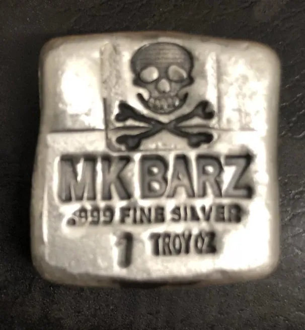 1 Troy Oz MK BARZ "MK Skull Square Original Antique" .999 Fine Silver - MK BARZ AND BULLION