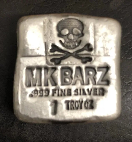 1 Troy Oz MK BARZ "MK Skull Square Original Antique" .999 Fine Silver - MK BARZ AND BULLION