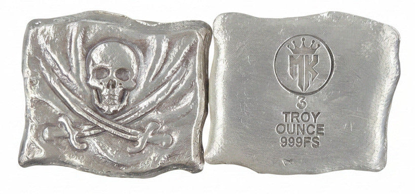 3 Troy Oz MK BarZ "Jack Rackam Pirate Flag" Stamped Bar .999FS - MK BARZ AND BULLION