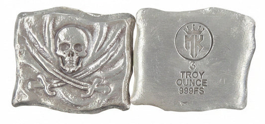 3 Troy Oz MK BarZ "Jack Rackam Pirate Flag" Stamped Bar .999FS - MK BARZ AND BULLION