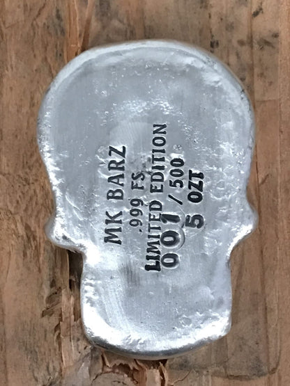 5 Ozt MK BARZ "Angry Skull" 3d 999 Fine Silver POURED - MK BARZ AND BULLION
