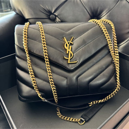 YSL Lou Lou Small Black Quilted Leather Logo Chain Bag (MSRP $2650) - Small / leather / black