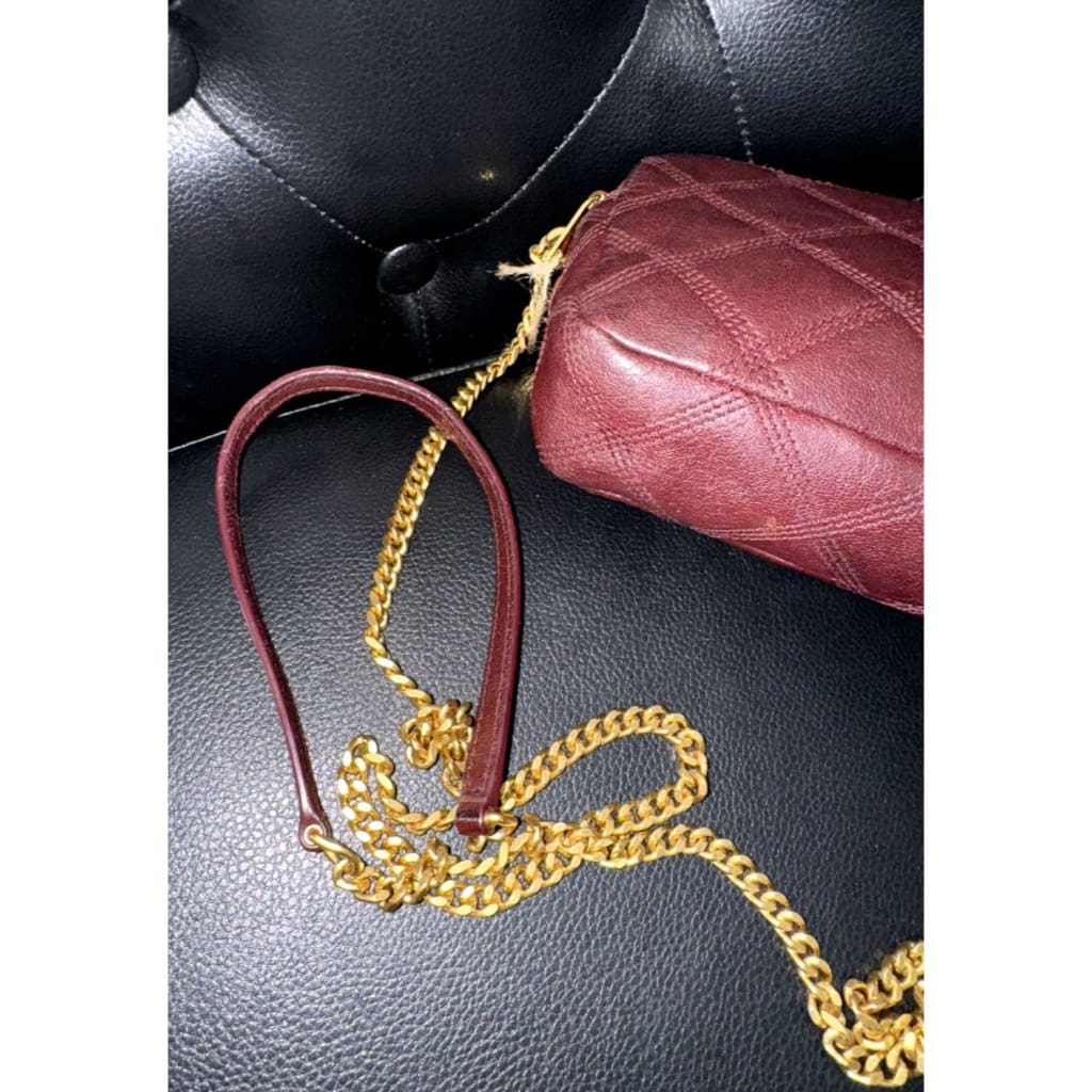 YSL Quilted Burgundy Leather Logo Chain Bag (MSRP $1800 + ) - Small / Leather( + 1) / Crossbody