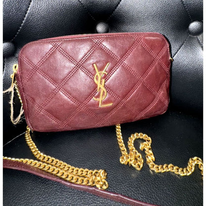 YSL Quilted Burgundy Leather Logo Chain Bag (MSRP $1800 + ) - Small / Leather( + 1) / Crossbody