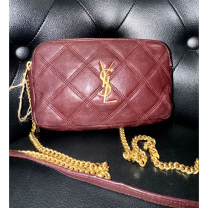 YSL Quilted Burgundy Leather Logo Chain Bag (MSRP $1800 + ) - Small / Leather( + 1) / Crossbody