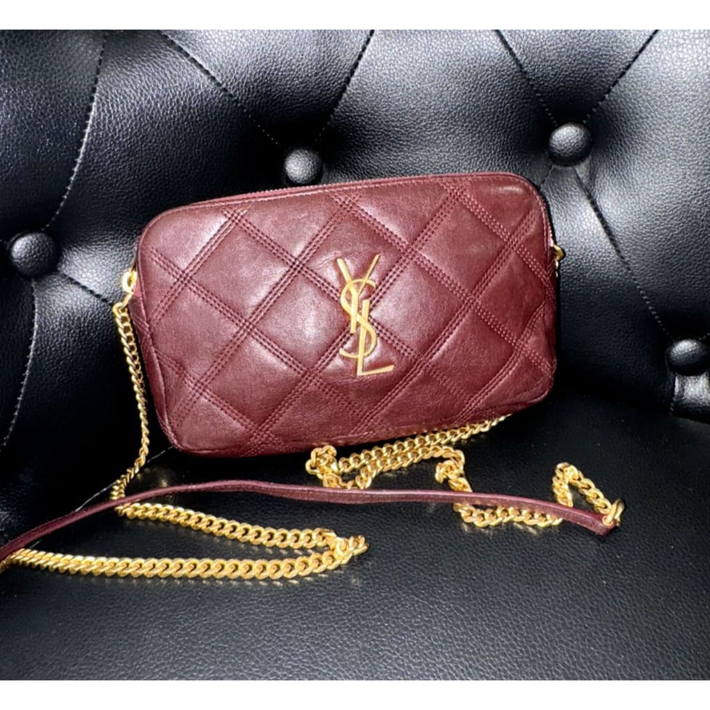 YSL Quilted Burgundy Leather Logo Chain Bag (MSRP $1800 + ) - Small / Leather( + 1) / Crossbody