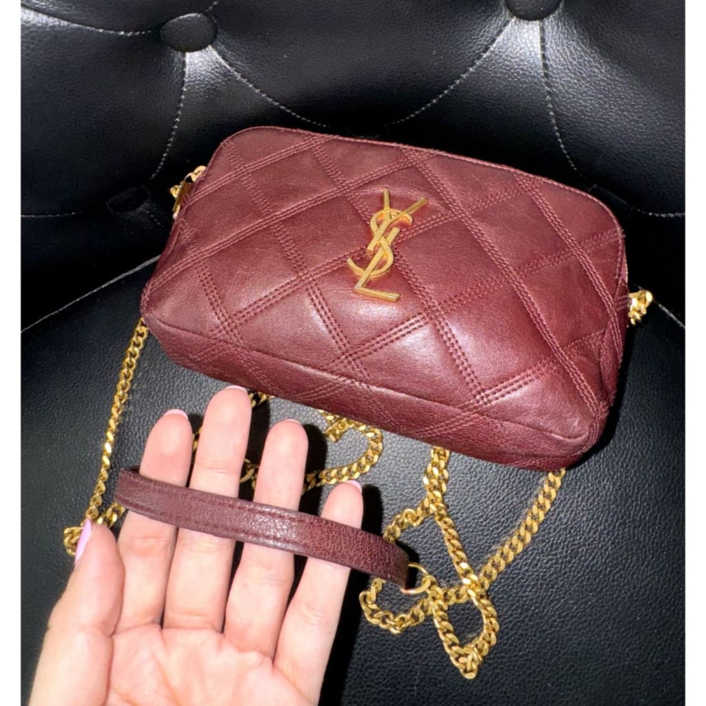 YSL Quilted Burgundy Leather Logo Chain Bag (MSRP $1800 + ) - Small / Leather( + 1) / Crossbody