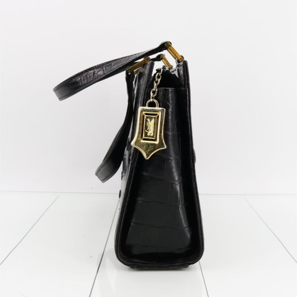 YSL Saint Laurent Vintage Black Croc Embossed Leather Handbag With Original Dustbag & Box - black / Leather
