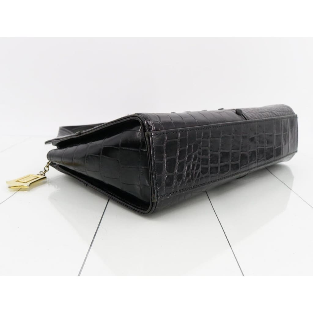 YSL Saint Laurent Vintage Black Croc Embossed Leather Handbag With Original Dustbag & Box - black / Leather